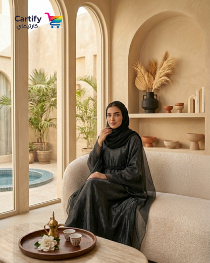 Elegant Midnight Black Farasha Shimmer Abaya