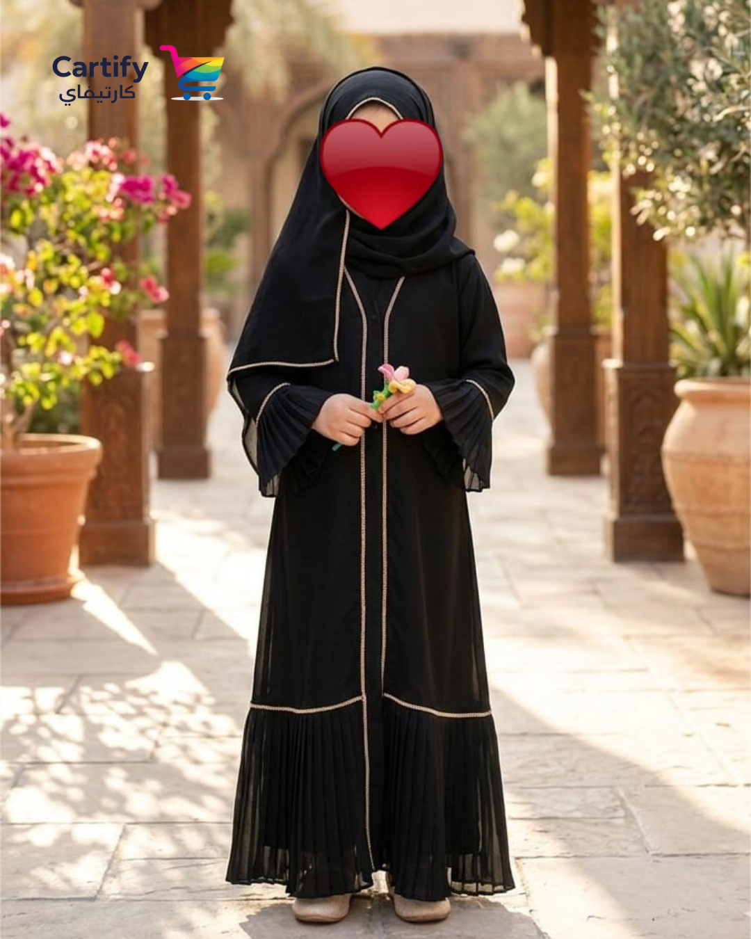 Kids' Pleated Abaya—Black & Gold
