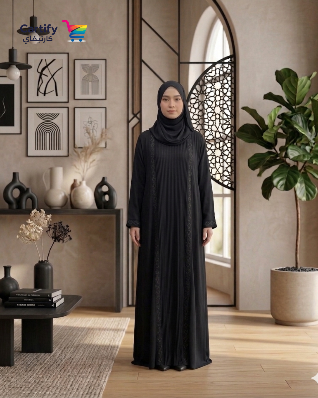 Aria Heart-Embroidered Abaya- Black Edit