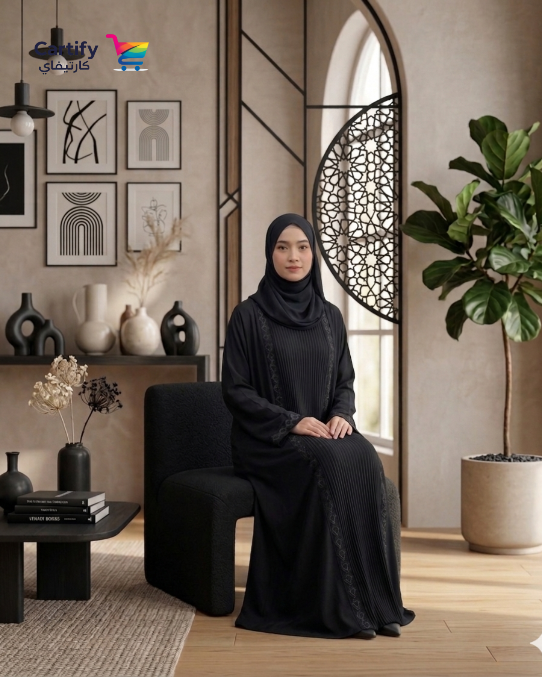 Aria Heart-Embroidered Abaya- Black Edit