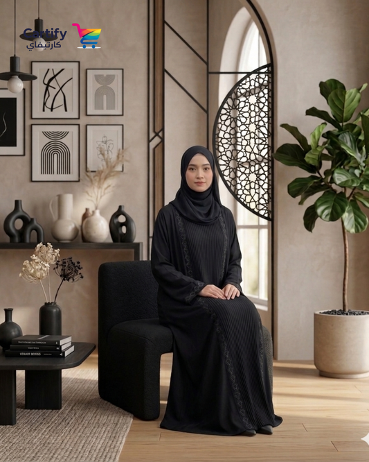 Aria Heart-Embroidered Abaya- Black Edit