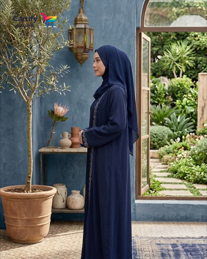 Aria Heart-Embroidered Abaya- Navy Blue Edit