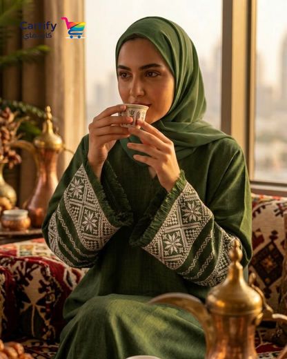 Minimalist Olive Linen Abaya Set
