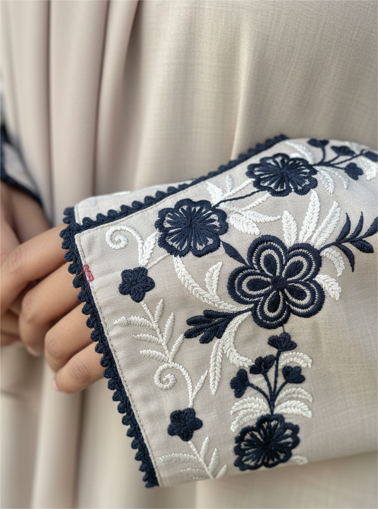 Sand Beige Linen Artisan Abaya Set