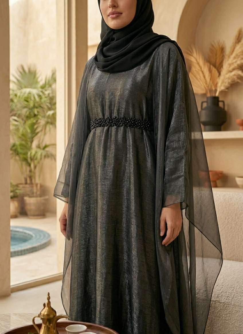 Elegant Midnight Black Farasha Shimmer Abaya