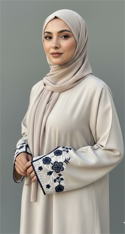 Sand Beige Linen Artisan Abaya Set