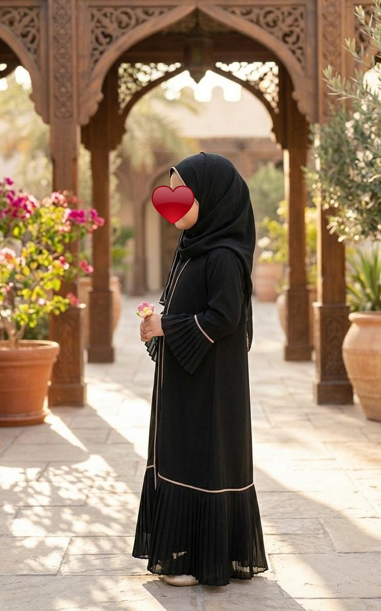 Kids' Pleated Abaya—Black & Gold